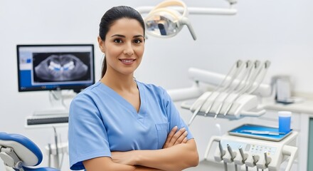 A smiling dentist in scrubs with arms crossed in a dental office with x ray on the monitor behind her