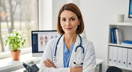 Portrait of a female physician with arms crossed in her office wearing a white coat and stethoscope