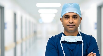 Portrait of a surgeon in blue scrubs with a mask around his neck in a hospital hallway setting
