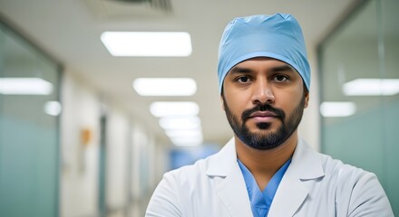 Portrait of a doctor in scrubs and lab coat standing in a hospital hallway looking at the camera