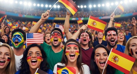 Crowd of people cheering with flags and face paint at a sporting event in a brightly lit stadium