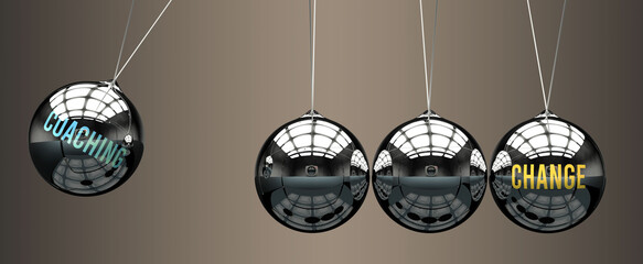 Coaching leads to Change. A metaphor in which coaching initiates motion of change and gives it energy. Cause and effect relation between coaching and change. ,3d illustration