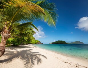 palm fringed white sand beach on palm island with union island in the background the grenadines st vincent and the grenadines windward islands