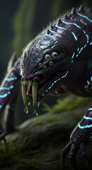 Menacing Alien Creature with Glowing Markings in Lush Forest.