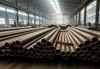 Storage of seamless metal tubing under the bright ceiling of a large facility. Raw materials for engineering projects essential supply for the construction industry.