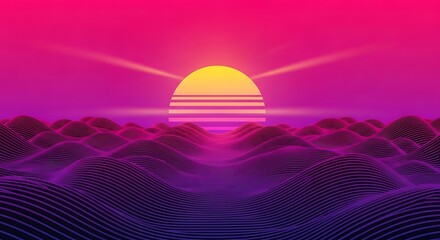 Vibrant retro-style digital artwork featuring a stylized sunset over a wavy landscape with a gradient color scheme.