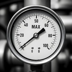 Analog Pressure Gauge — Photorealistic Industrial Equipment in Black and White with Metal Detail and High Resolution