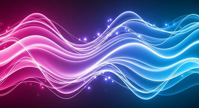 Vibrant abstract waves of glowing pink and blue light with sparkling particles on a dark background.