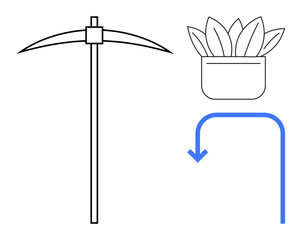 Pickaxe, leafy potted plant, and downward-curved blue arrow symbolizing growth, resource extraction, sustainability, and renewal. Ideal for mining, agriculture, ecology strategy environment
