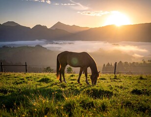A horse grazes in a meadow, with distant mountains at sunset, fog, and golden light