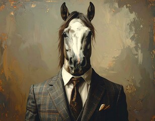 A horse head portrait wearing a business suit and tie, set against an abstract background