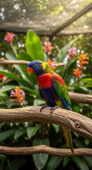 Obraz premium Vibrant Lorikeet Perched on Branch in Lush Tropical Setting.