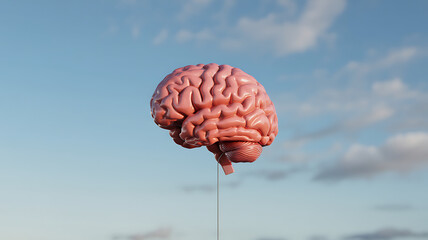 A realistic human brain floating in a clear blue sky with clouds