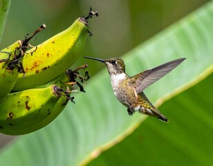 A hovering hummingbird looks at a bunch of unripe bananas on a large green plant