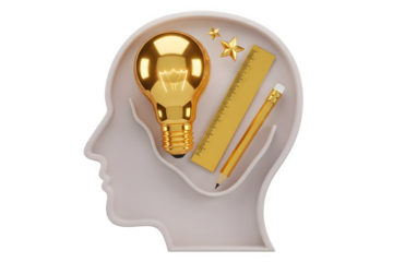 Golden light bulb and ruler inside head silhouette isolated on transparent background