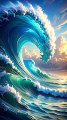 A huge, curling ocean wave crests against a vibrant sky with soft clouds at horizon