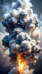 A huge plume of dark grey smoke rises from a bright orange/yellow flame center