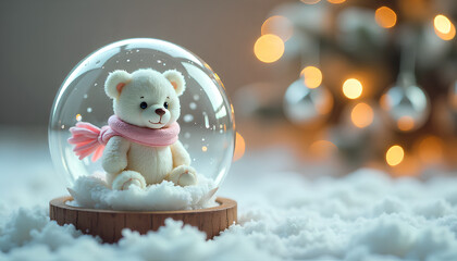 Fluffy White Teddy Bear in Snow Globe with Pink Scarf and Holiday Lights