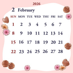 2026年2月のカレンダー　日曜日始まり