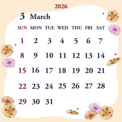 2026年3月のカレンダー　日曜日始まり