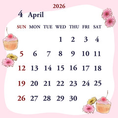 2026年4月のカレンダー　日曜日始まり