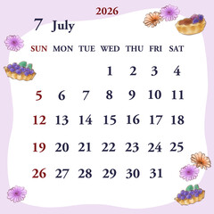 2026年7月のカレンダー　日曜日始まり