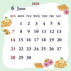 2026年6月のカレンダー　日曜日始まり