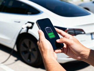 Close-up of hands monitoring the electric car battery charge status on a smartphone screen outdoors.
