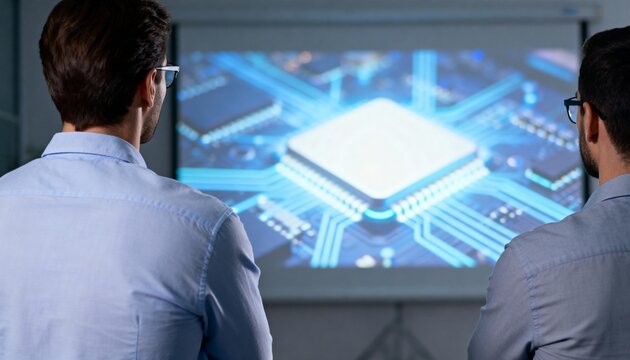 Two professionals view a presentation of a glowing computer chip graphic and blue circuits.