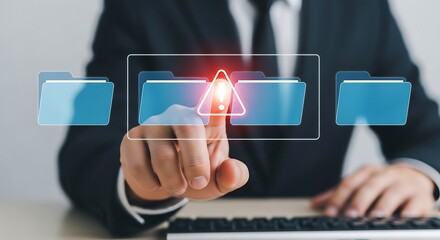 Person in suit touching digital alert icon on screen with file folders warning danger