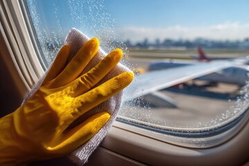 Cleaning airplane windows with bright yellow gloves during daytime at the airport