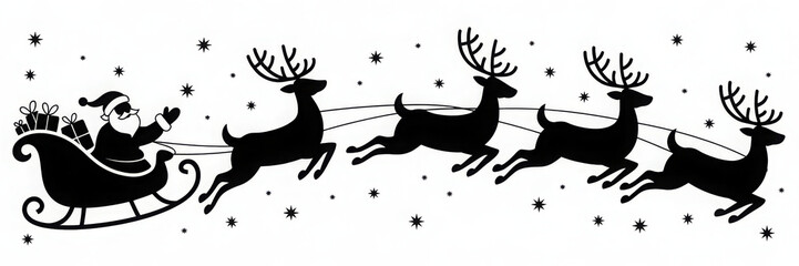 Santa Claus in his sleigh pulled by reindeer a black and white vector illustration for Christmas designs and holiday projects