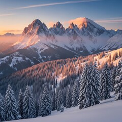 Snowy Mountain Peaks and Evergreen Forest at Sunrise.