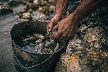 Fisherman sorting small catch in bucket by river
