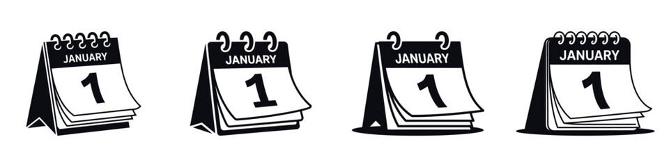 January 1 Calendar Icon Vector Set &ndash; Minimalist New Year&rsquo;s Day Design, Black Silhouette Table Calendar, Holiday Symbol Illustration for New Year Celebration and Festive Graphic Design