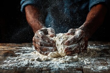 Fototapeta premium Baker kneading dough with flour on wooden table