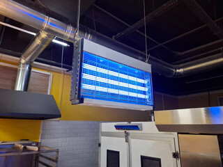 Electric ultraviolet insecticide insect killer. Lamp trap in kitchen of bakery