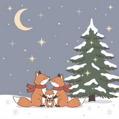 Cute Fox Family Giving Christmas Gift in Snowy Winter Night Landscape