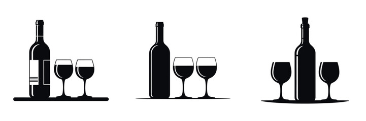 Wine Bottle and Glasses Vector Set – Elegant Drink Silhouette for New Year Celebration, Holiday Party, Festive Toast, Luxury Celebration Design, Romantic Dinner and Celebration Artwork