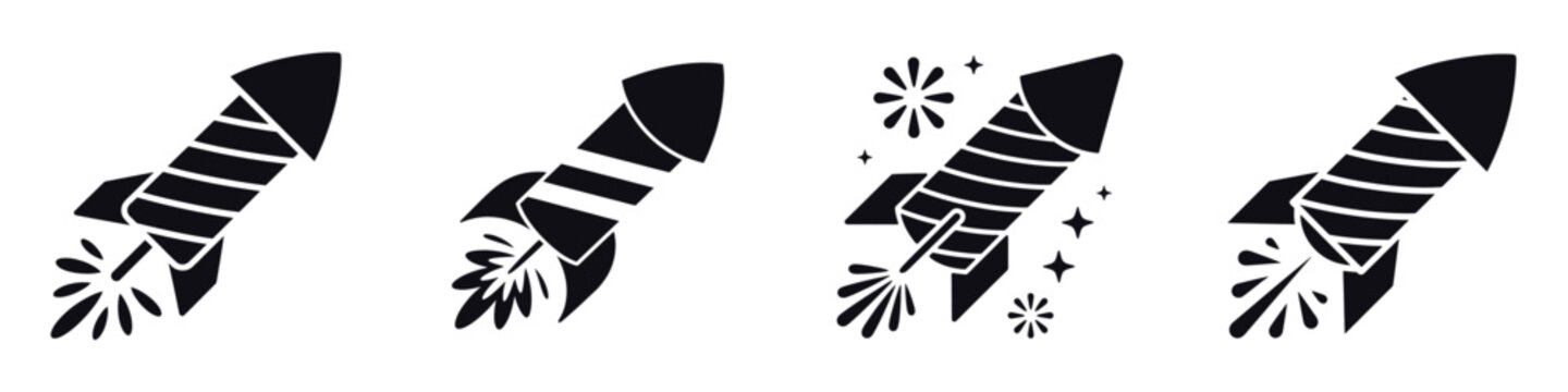 Firework Rocket Vector Set &ndash; Festive Firecracker Icons for New Year Celebration, Party Night, Holiday Festival, Exploding Rocket Silhouette Design, Festive Light and Spark Illustration