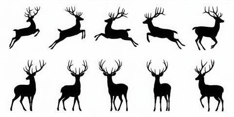 Set of deer silhouettes vector illustrations of reindeer in various poses perfect for Christmas designs and winter themes