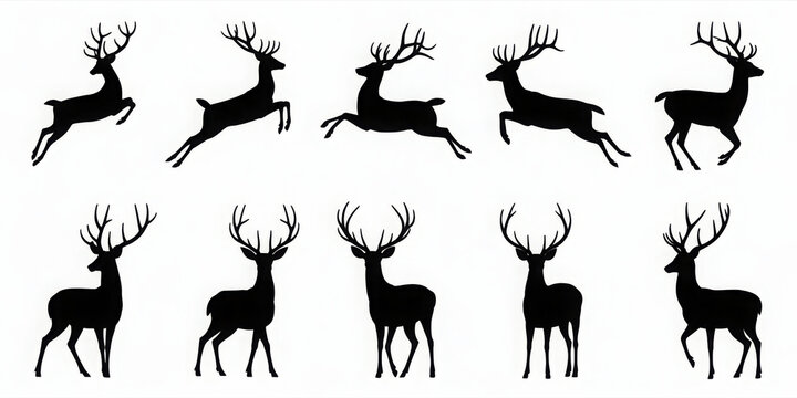 Set of deer silhouettes vector illustrations of reindeer in various poses perfect for Christmas designs and winter themes