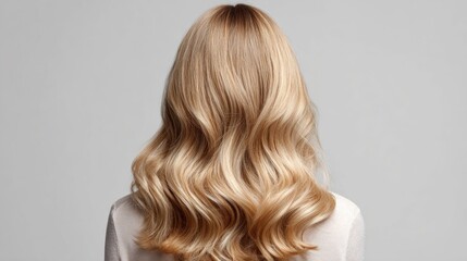 Fototapeta premium Woman with long, wavy blonde hair viewed from the back against a neutral background