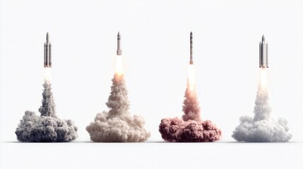 Fototapeta premium Multiple rockets launch into space with billowing smoke against a white background