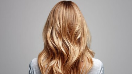 Naklejka premium Woman with long, wavy blonde hair seen from the back against a gray background