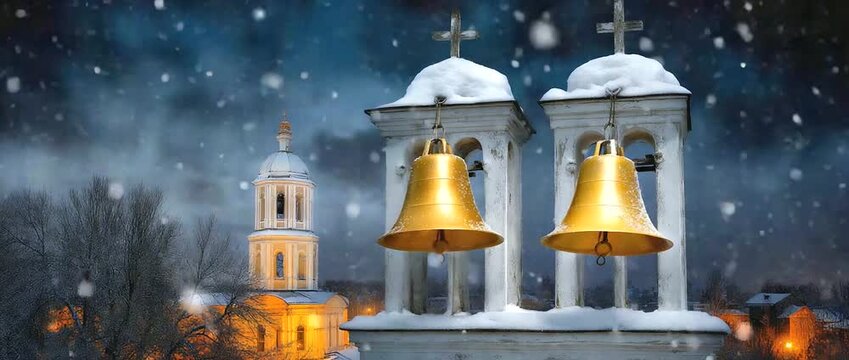 Christmas bells ringing above snowy chapel at night, spiritual warmth, blurred background, with copy space