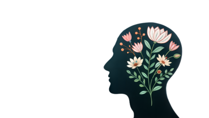 “Mental Health Concept Illustration – Human Head with Blooming Flowers”