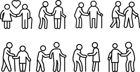 A series of line art images depicting acts of care and assistance for senior citizens, symbolizing support and love.