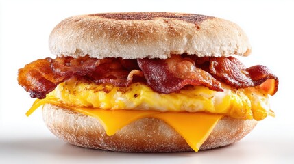 Delicious breakfast sandwich with bacon, egg, and cheese on an English muffin