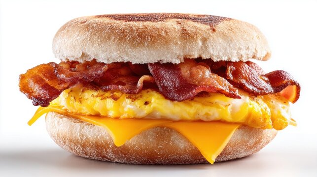 Delicious breakfast sandwich with bacon, egg, and cheese on an English muffin